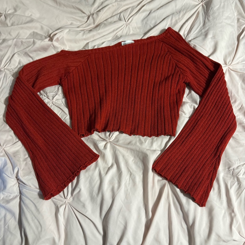 Princess Polly Off-Shoulder Ribbed Sweater - Deep Red